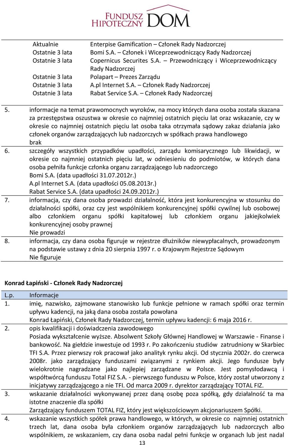 informacje na temat prawomocnych wyroków, na mocy których dana osoba została skazana za przestępstwa oszustwa w okresie co najmniej ostatnich pięciu lat oraz wskazanie, czy w okresie co najmniej