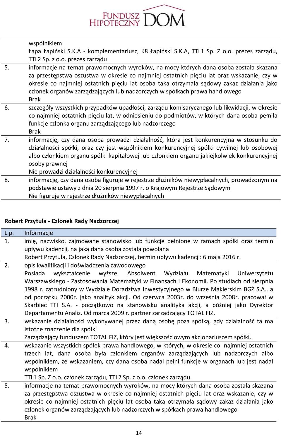 ostatnich pięciu lat osoba taka otrzymała sądowy zakaz działania jako członek organów zarządzających lub nadzorczych w spółkach prawa handlowego Brak 6.