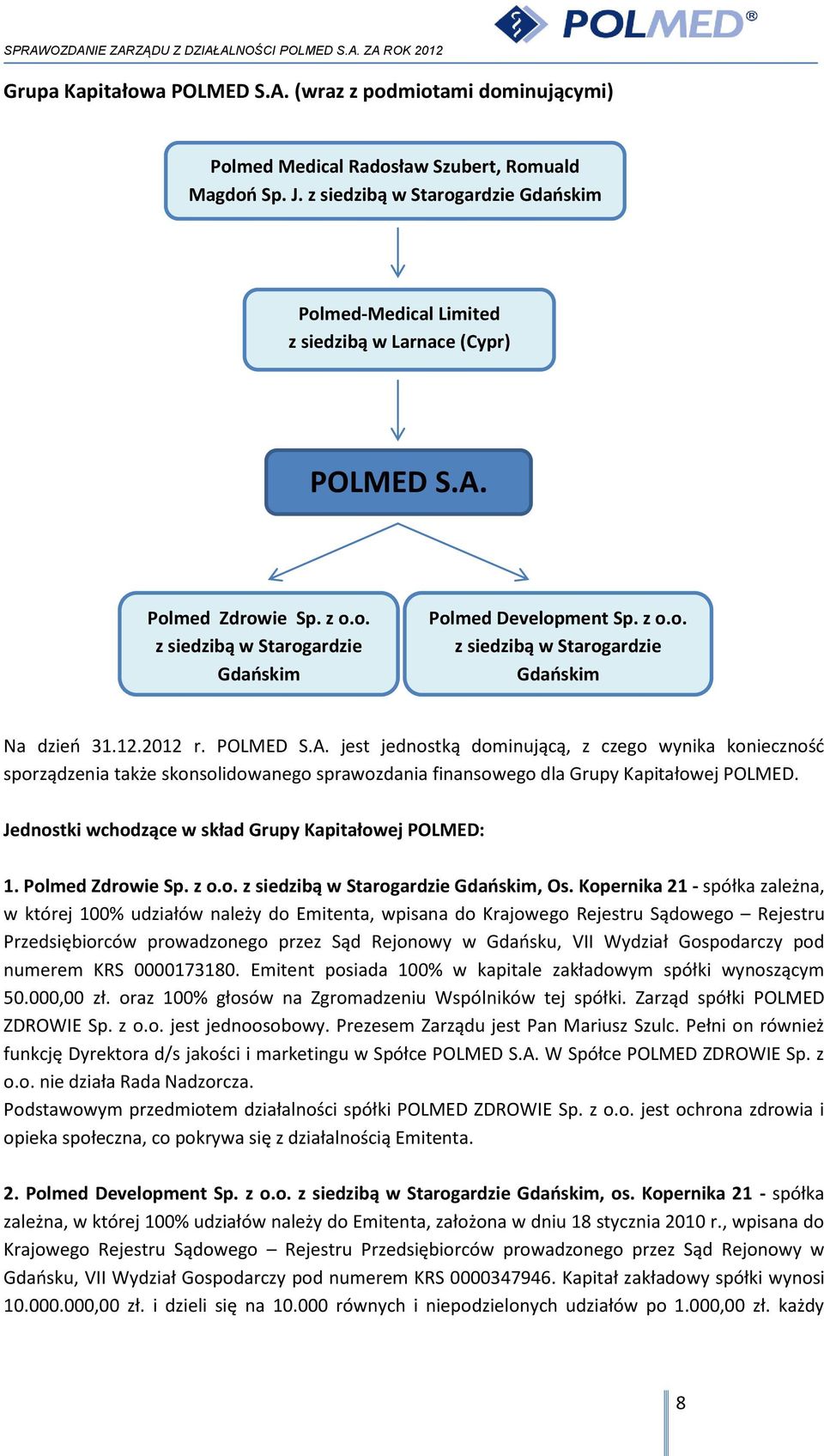 12.2012 r. POLMED S.A. jest jednostką dominującą, z czego wynika konieczność sporządzenia także skonsolidowanego sprawozdania finansowego dla Grupy Kapitałowej POLMED.