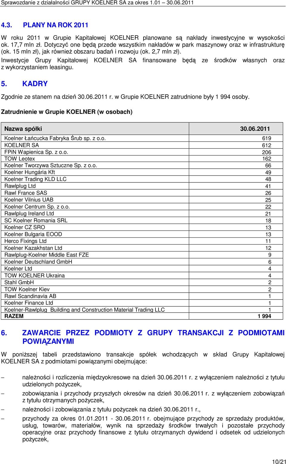 Inwestycje Grupy Kapitałowej KOELNER SA finansowane będą ze środków własnych oraz z wykorzystaniem leasingu. 5. KADRY Zgodnie ze stanem na dzień 30.06.2011 r.