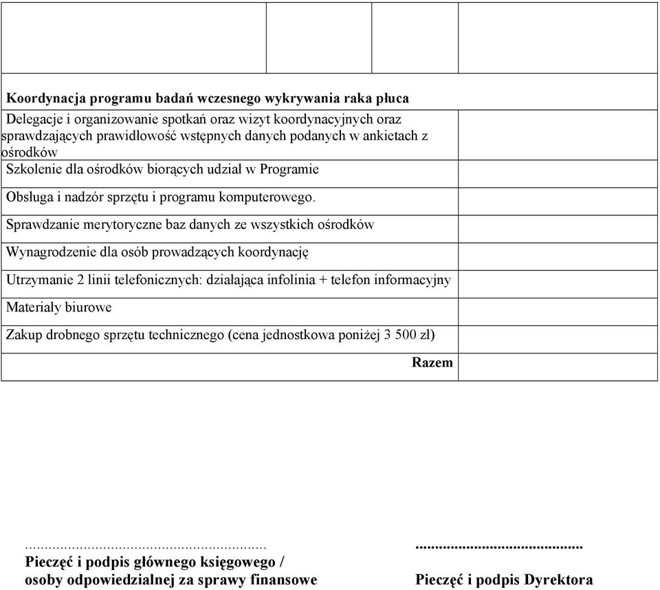 Sprawdzanie merytoryczne baz danych ze wszystkich ośrodków Wynagrodzenie dla osób prowadzących koordynację Utrzymanie 2 linii telefonicznych: działająca infolinia + telefon