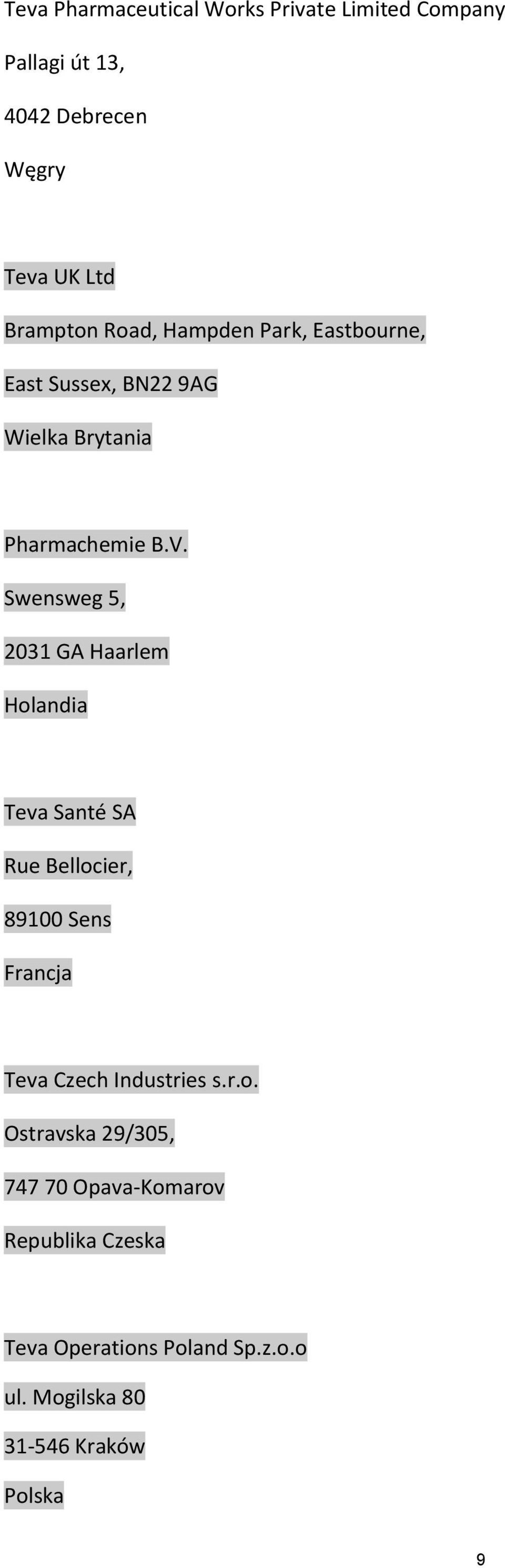 Swensweg 5, 2031 GA Haarlem Holandia Teva Santé SA Rue Bellocier, 89100 Sens Francja Teva Czech Industries s.