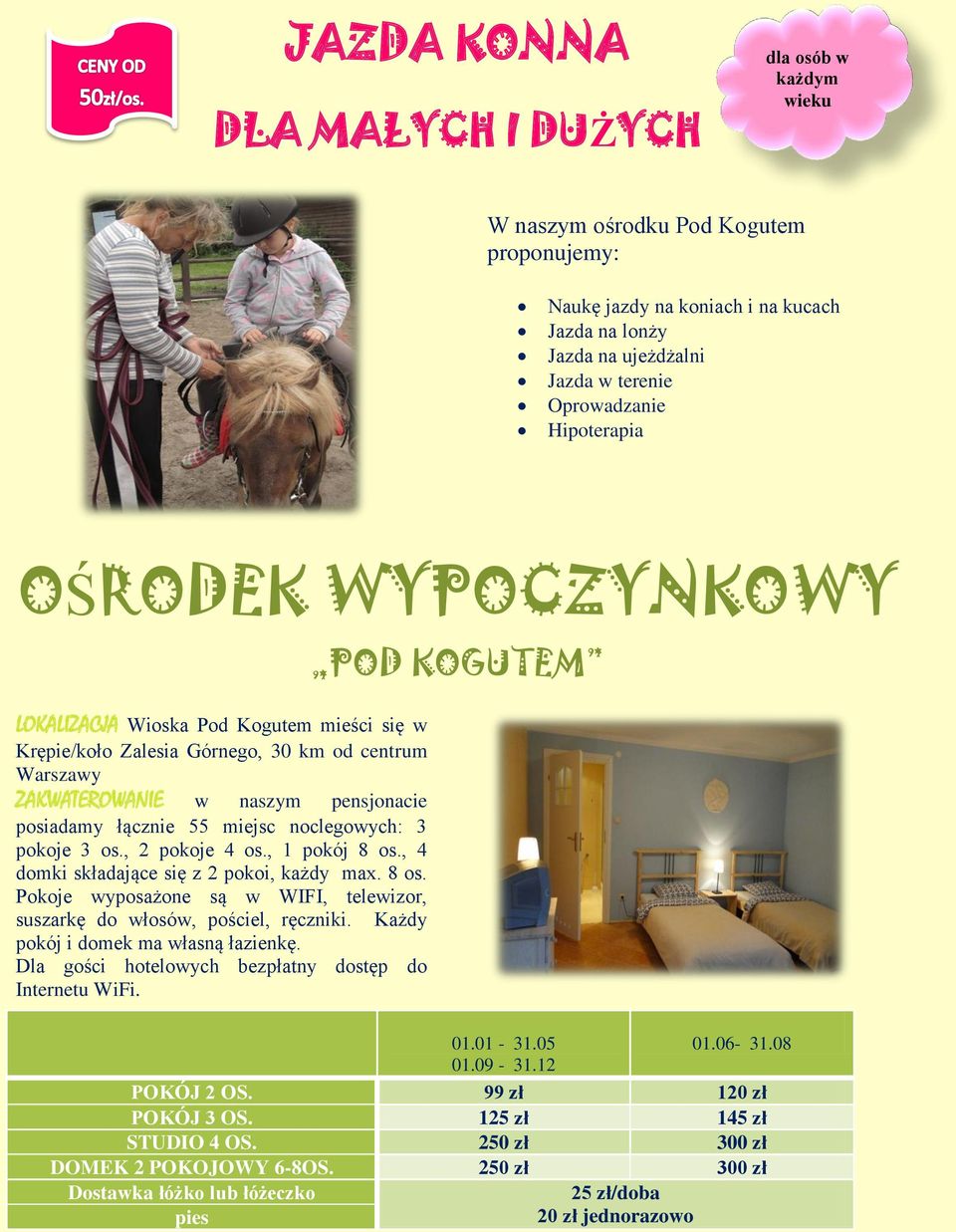 noclegowych: 3 pokoje 3 os., 2 pokoje 4 os., 1 pokój 8 os., 4 domki składające się z 2 pokoi, każdy max. 8 os. Pokoje wyposażone są w WIFI, telewizor, suszarkę do włosów, pościel, ręczniki.