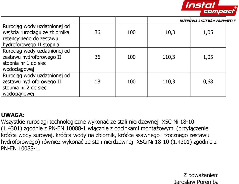 rurociągi technologiczne wykonać ze stali nierdzewnej X5CrNi 18-10 (1.