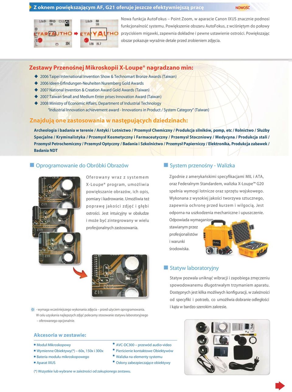 Zestawy Przenośnej Mikroskopii X-Loupe nagradzano min: u 2006 Taipei International Invention Show & Technomart Bronze Awards (Taiwan) u 2006 Ideen-Erfindungen-Neuheiten Nuremberg Gold Awards u 2007