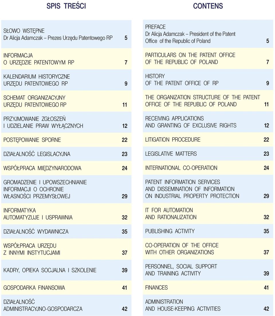 OCHRONIE WŁASNOŚCI PRZEMYSŁOWEJ 29 INFORMATYKA AUTOMATYZUJE I USPRAWNIA 32 DZIAŁALNOŚĆ WYDAWNICZA 35 WSPÓŁPRACA URZĘDU Z INNYMI INSTYTUCJAMI 37 KADRY, OPIEKA SOCJALNA I SZKOLENIE 39 GOSPODARKA