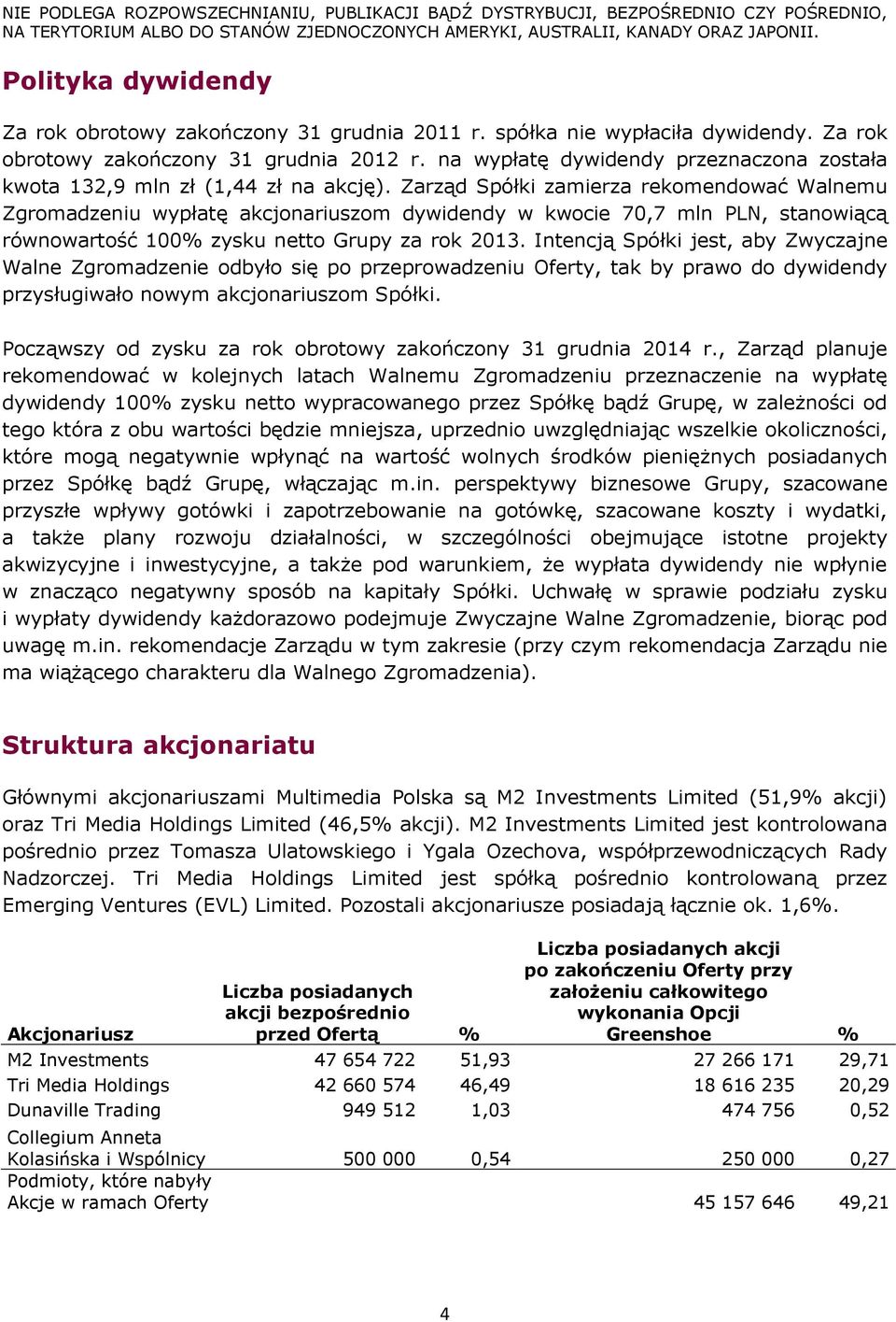 Zarząd Spółki zamierza rekomendować Walnemu Zgromadzeniu wypłatę akcjonariuszom dywidendy w kwocie 70,7 mln PLN, stanowiącą równowartość 100% zysku netto Grupy za rok 2013.