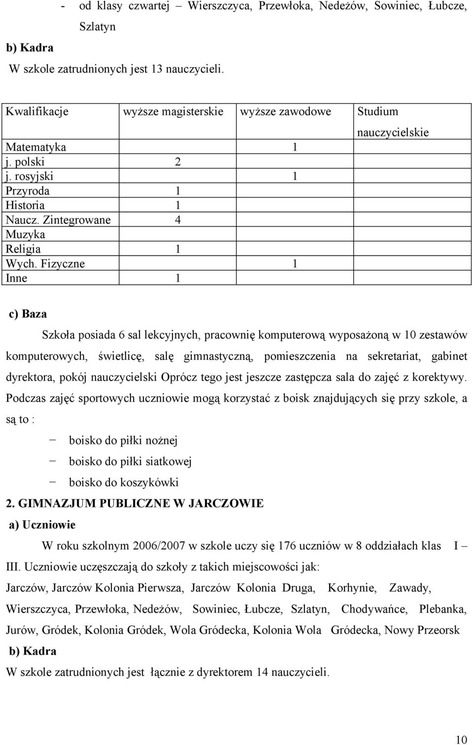 Fizyczne 1 Inne 1 nauczycielskie c) Baza Szkoła posiada 6 sal lekcyjnych, pracownię komputerową wyposażoną w 10 zestawów komputerowych, świetlicę, salę gimnastyczną, pomieszczenia na sekretariat,