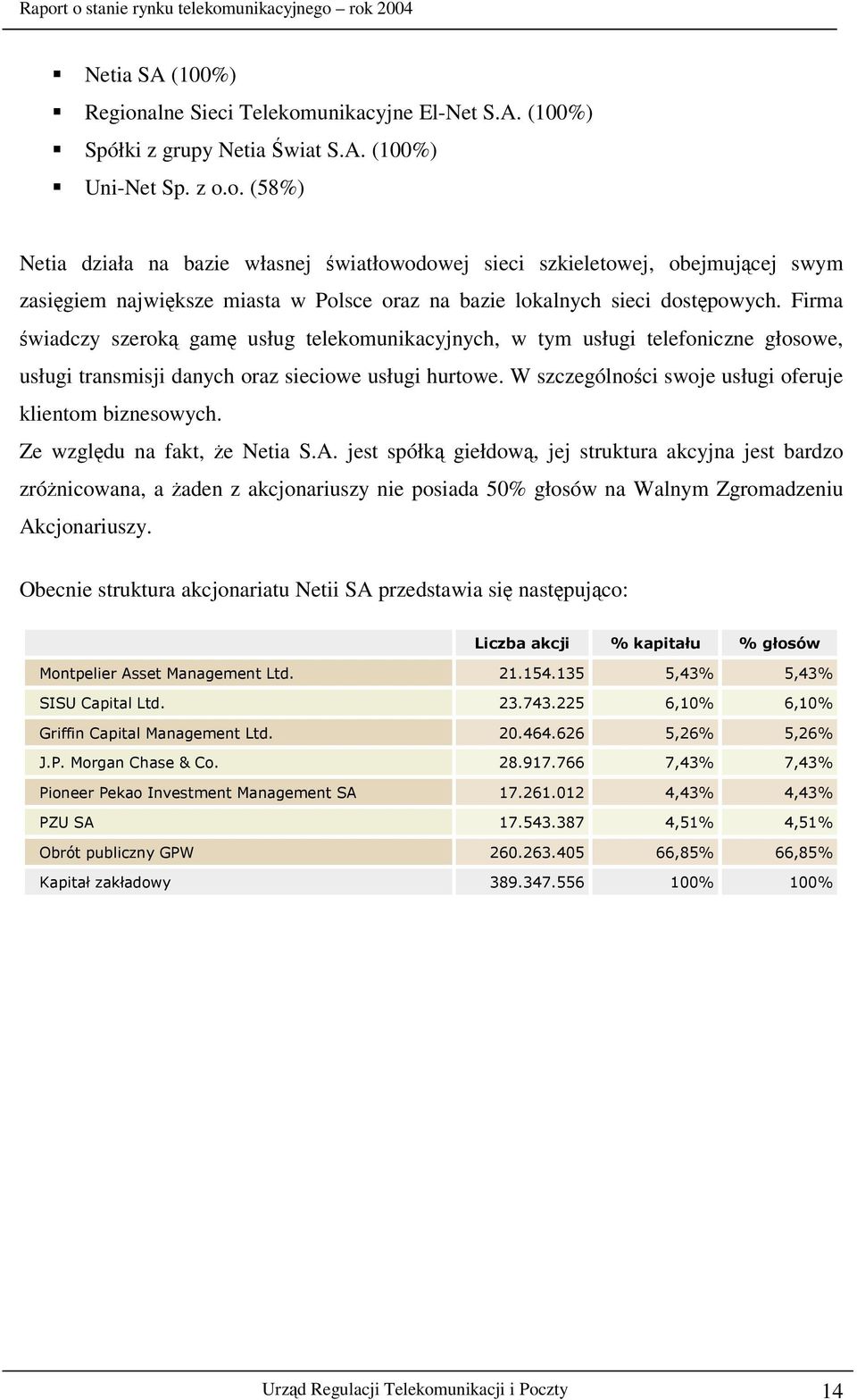 Ze wzgldu na fakt, e Netia S.A. jest spółk giełdow, jej struktura akcyjna jest bardzo zrónicowana, a aden z akcjonariuszy nie posiada 50% głosów na Walnym Zgromadzeniu Akcjonariuszy.