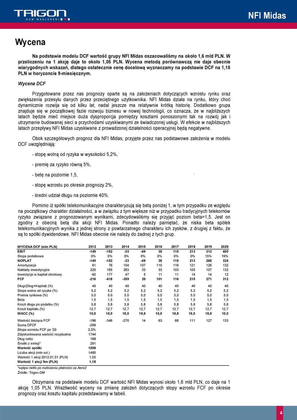 Wycena DCF Przygotowane przez nas prognozy oparte są na założeniach dotyczących wzrostu rynku oraz zwiększenia przesyłu danych przez przeciętnego użytkownika.