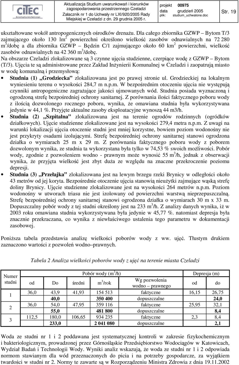 powierzchni, wielkość zasobów odnawialnych na 42 360 m 3 /dobę. Na obszarze Czeladzi zlokalizowane są 3 czynne ujęcia studzienne, czerpiące wodę z GZWP Bytom (T/3).