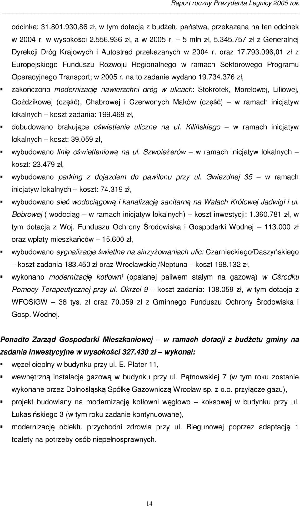 096,01 zł z Europejskiego Funduszu Rozwoju Regionalnego w ramach Sektorowego Programu Operacyjnego Transport; w 2005 r. na to zadanie wydano 19.734.