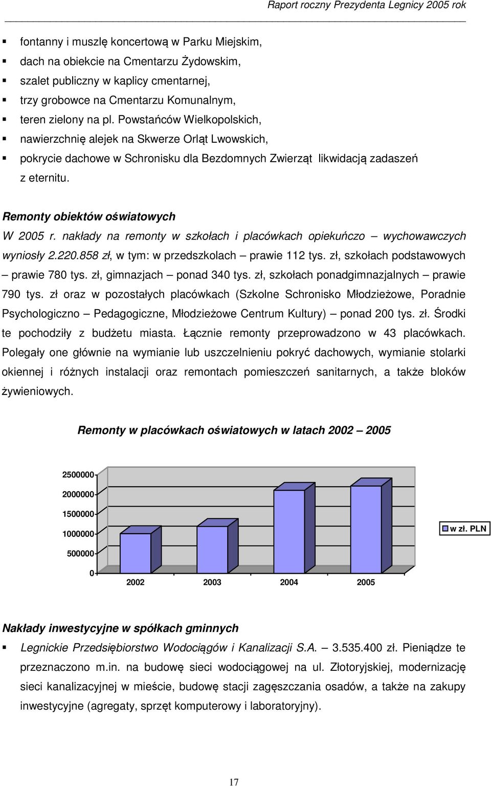 nakłady na remonty w szkołach i placówkach opiekuńczo wychowawczych wyniosły 2.220.858 zł, w tym: w przedszkolach prawie 112 tys. zł, szkołach podstawowych prawie 780 tys.