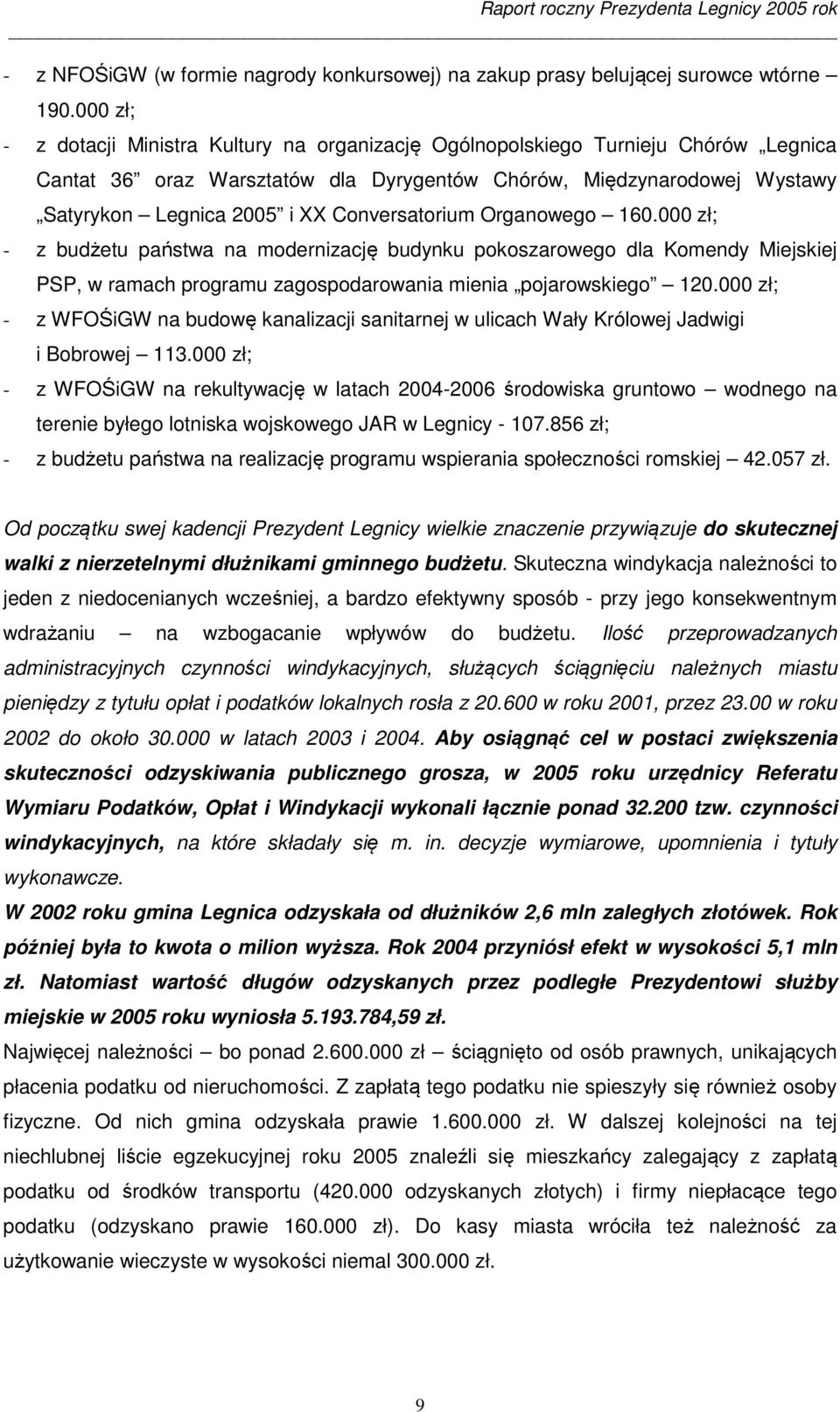 Conversatorium Organowego 160.000 zł; - z budżetu państwa na modernizację budynku pokoszarowego dla Komendy Miejskiej PSP, w ramach programu zagospodarowania mienia pojarowskiego 120.