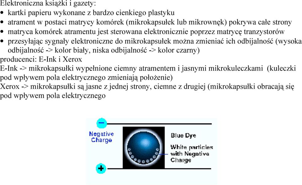 odbijalność -> kolor biały, niska odbijalność -> kolor czarny) producenci: E-Ink i Xerox E-Ink -> mikrokapsułki wypełnione ciemny atramentem i jasnymi mikrokuleczkami