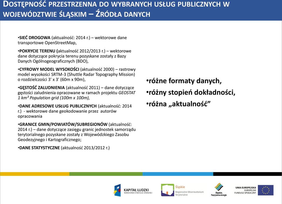 ) wektorowe dane dotyczące pokrycia terenu pozyskane zostały z Bazy Danych Ogólnogeograficznych (BDO), CYFROWY MODEL WYSOKOŚCI (aktualność 2000) rastrowy model wysokości SRTM-3 (Shuttle Radar