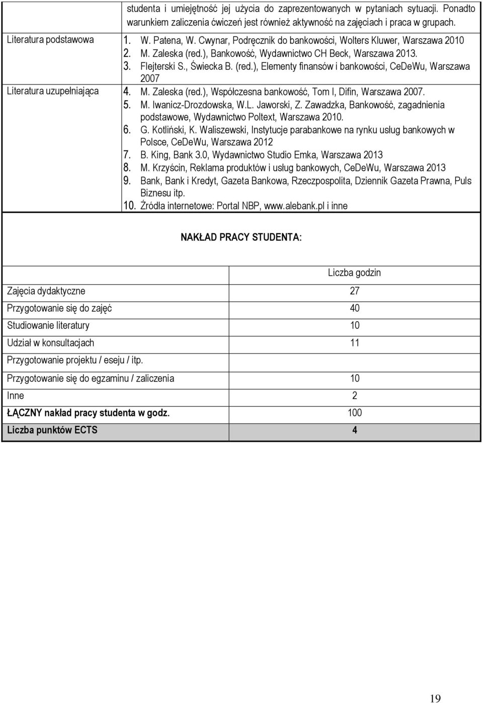 M. Zaleska (red.), Współczesna bankowość, Tom I, Difin, Warszawa 2007. 5. M. Iwanicz-Drozdowska, W.L. Jaworski, Z. Zawadzka, Bankowość, zagadnienia podstawowe, Wydawnictwo Poltext, Warszawa 2010. 6.