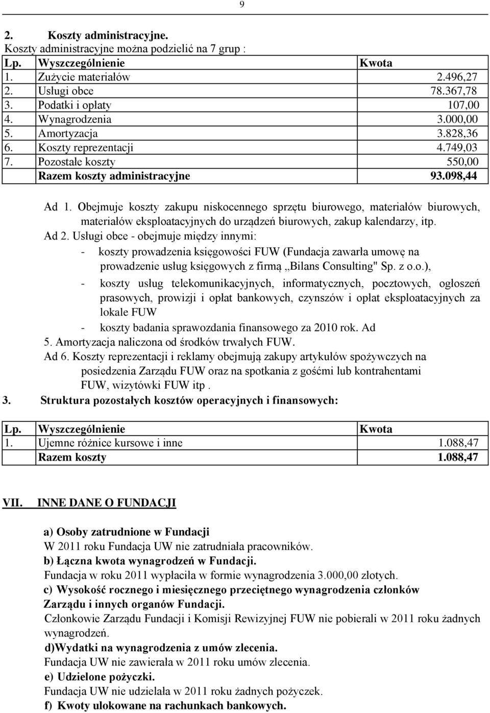 Obejmuje koszty zakupu niskocennego sprzętu biurowego, materiałów biurowych, materiałów eksploatacyjnych do urządzeń biurowych, zakup kalendarzy, itp. Ad 2.