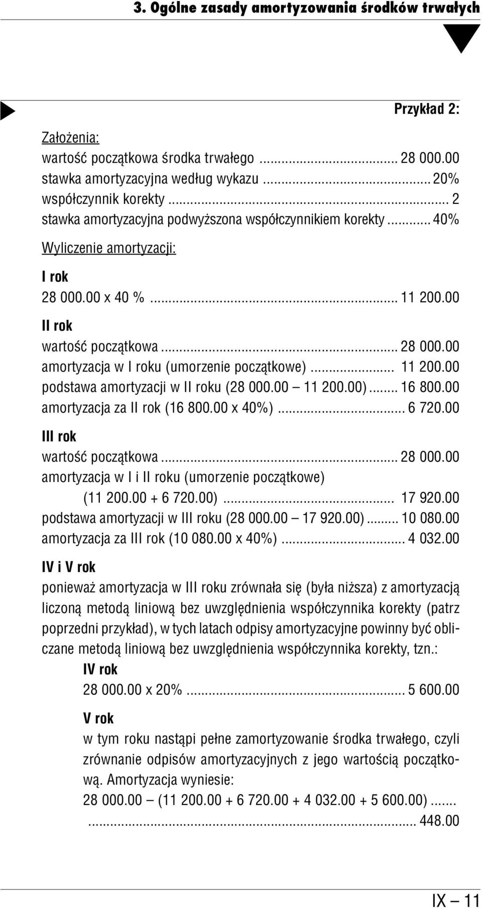 .. 11 200.00 podstawa amortyzacji w II roku (28 000.00 11 200.00)... 16 800.00 amortyzacja za II rok (16 800.00 x 40%)... 6 720.00 III rok wartość początkowa... 28 000.