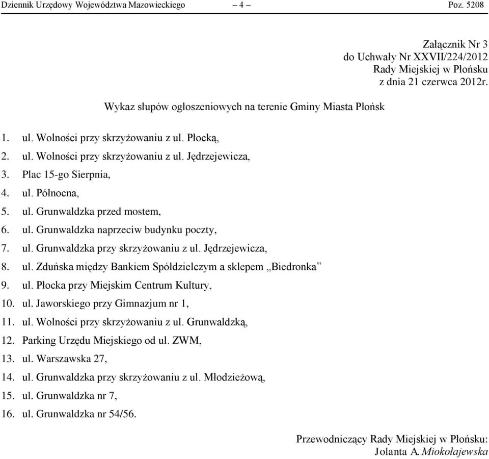 ul. Płocka przy Miejskim Centrum Kultury, 10. ul. Jaworskiego przy Gimnazjum nr 1, 11. ul. Wolności przy skrzyżowaniu z ul. Grunwaldzką, 12. Parking Urzędu Miejskiego od ul. ZWM, 13. ul. Warszawska 27, 14.