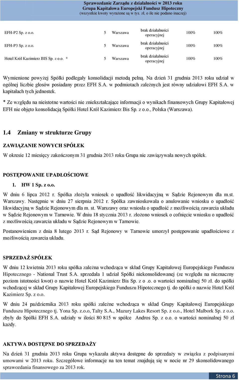 Na dzień 31 grudnia 2013 roku udział w ogólnej liczbie głosów posiadany przez EFH S.A. w podmiotach zależnych jest równy udziałowi EFH S.A. w kapitałach tych jednostek.