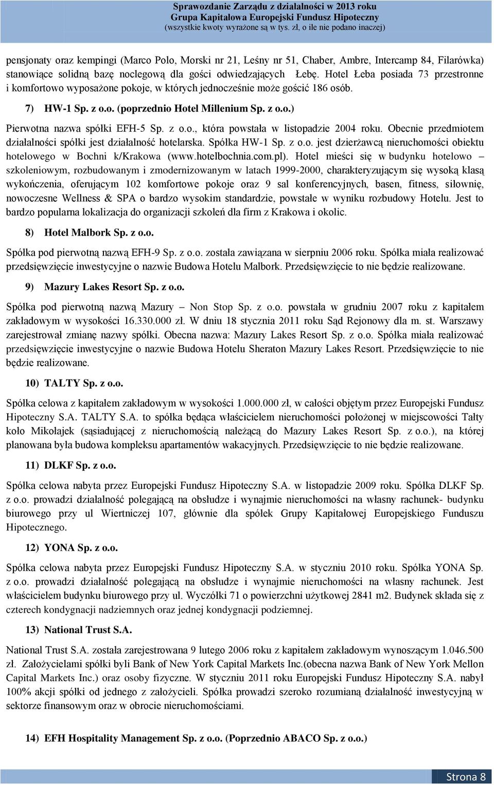 z o.o., która powstała w listopadzie 2004 roku. Obecnie przedmiotem działalności spółki jest działalność hotelarska. Spółka HW-1 Sp. z o.o. jest dzierżawcą nieruchomości obiektu hotelowego w Bochni k/krakowa (www.