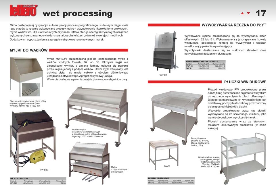 Dodatkowym wyposażeniem są agregaty natryskowe renomowanych marek. Myjka MW-B2/3 przeznaczona jest do jednoczesnego mycia 4 wałków wodnych formatu B2 lub B3.