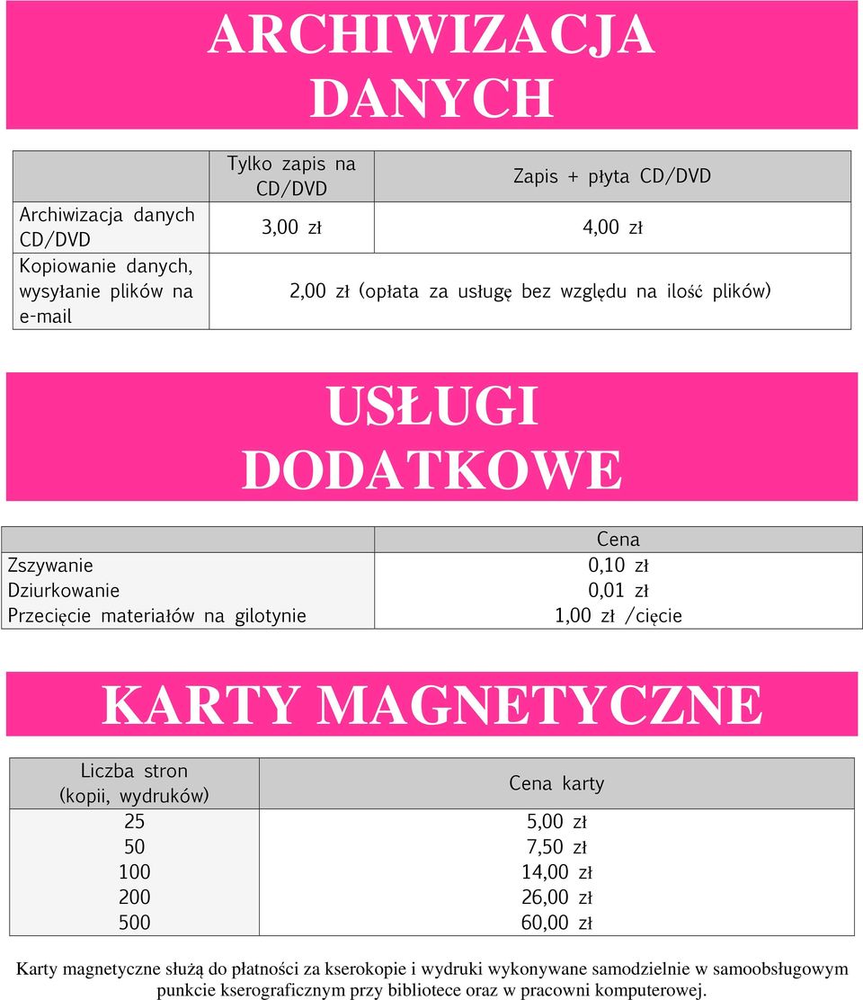 0,01 zł 1,00 zł /cięcie KARTY MAGNETYCZNE Liczba stron (kopii, wydruków) 25 50 100 200 500 Cena karty 7,50 zł 26,00 zł 60,00 zł Karty magnetyczne