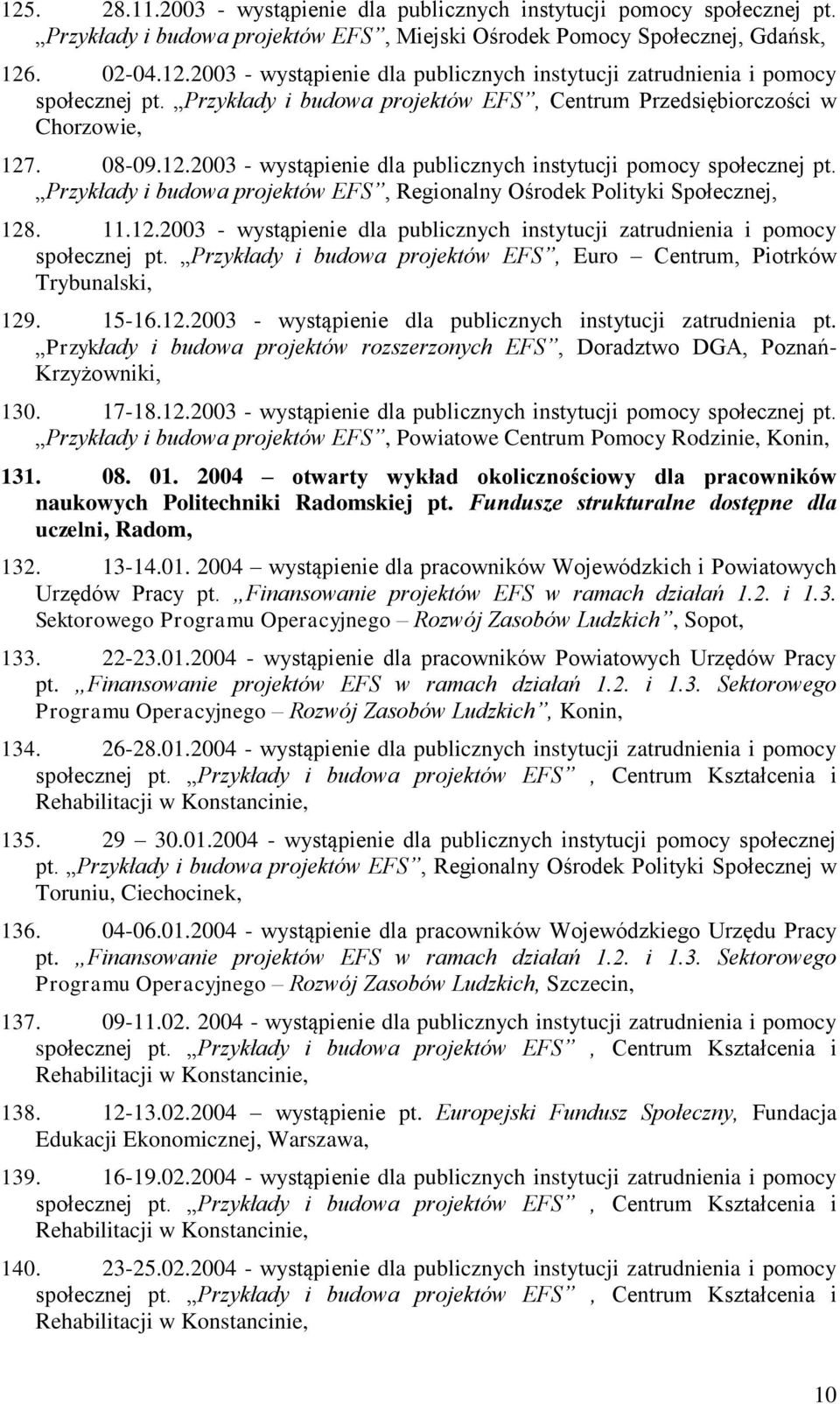 Przykłady i budowa projektów EFS, Regionalny Ośrodek Polityki Społecznej, 128. 11.12.2003 - wystąpienie dla publicznych instytucji zatrudnienia i pomocy społecznej pt.