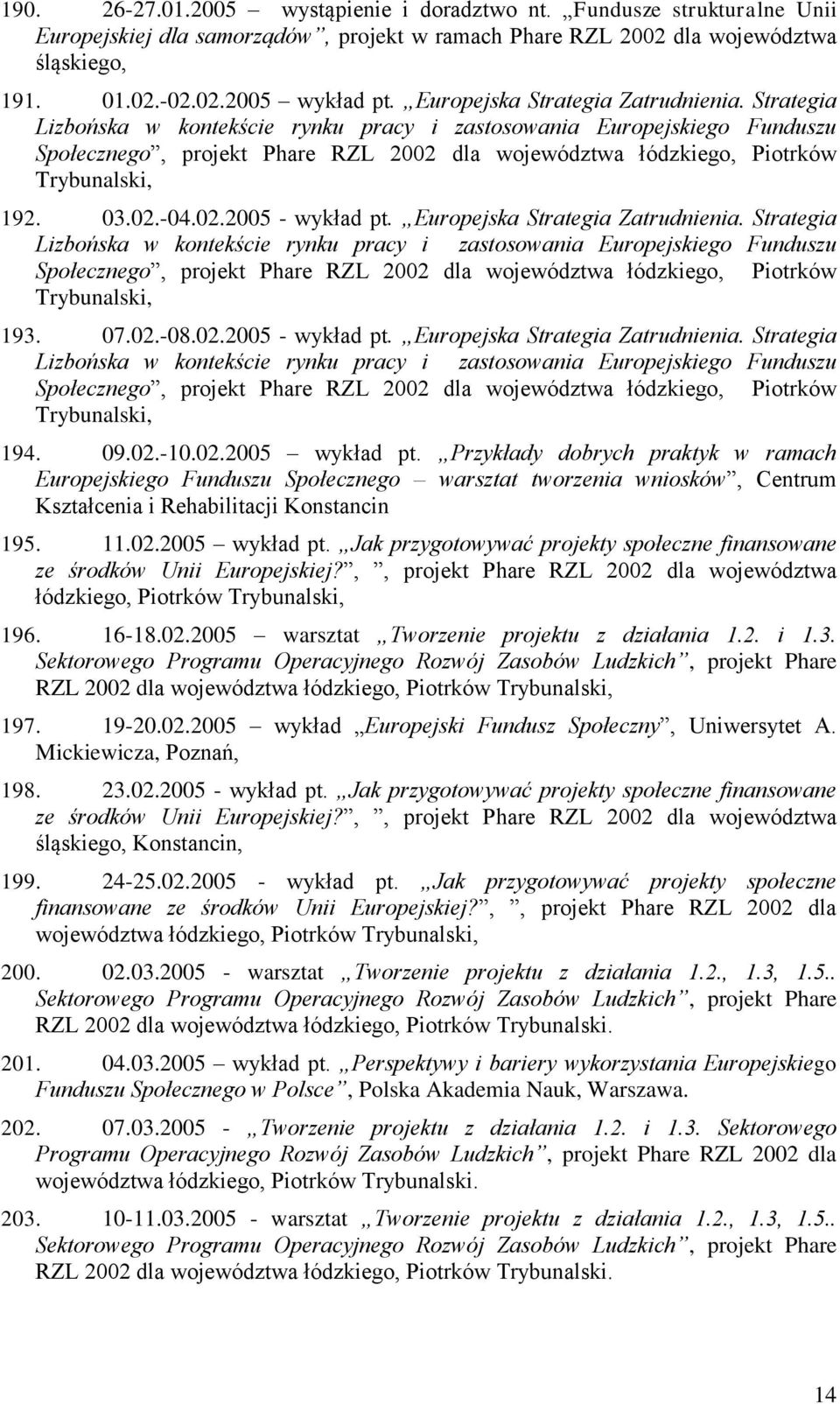 Strategia Lizbońska w kontekście rynku pracy i zastosowania Europejskiego Funduszu Społecznego, projekt Phare RZL 2002 dla województwa łódzkiego, Piotrków Trybunalski, 192. 03.02.-04.02.2005 - wykład pt.