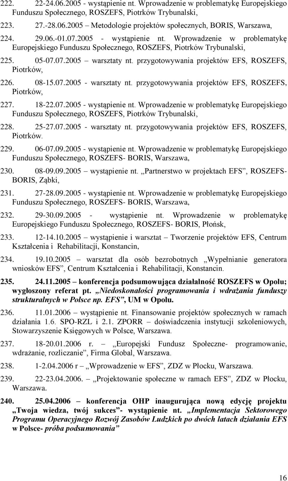 przygotowywania projektów EFS, ROSZEFS, Piotrków, 226. 08-15.07.2005 - warsztaty nt. przygotowywania projektów EFS, ROSZEFS, Piotrków, 227. 18-22.07.2005 - wystąpienie nt.