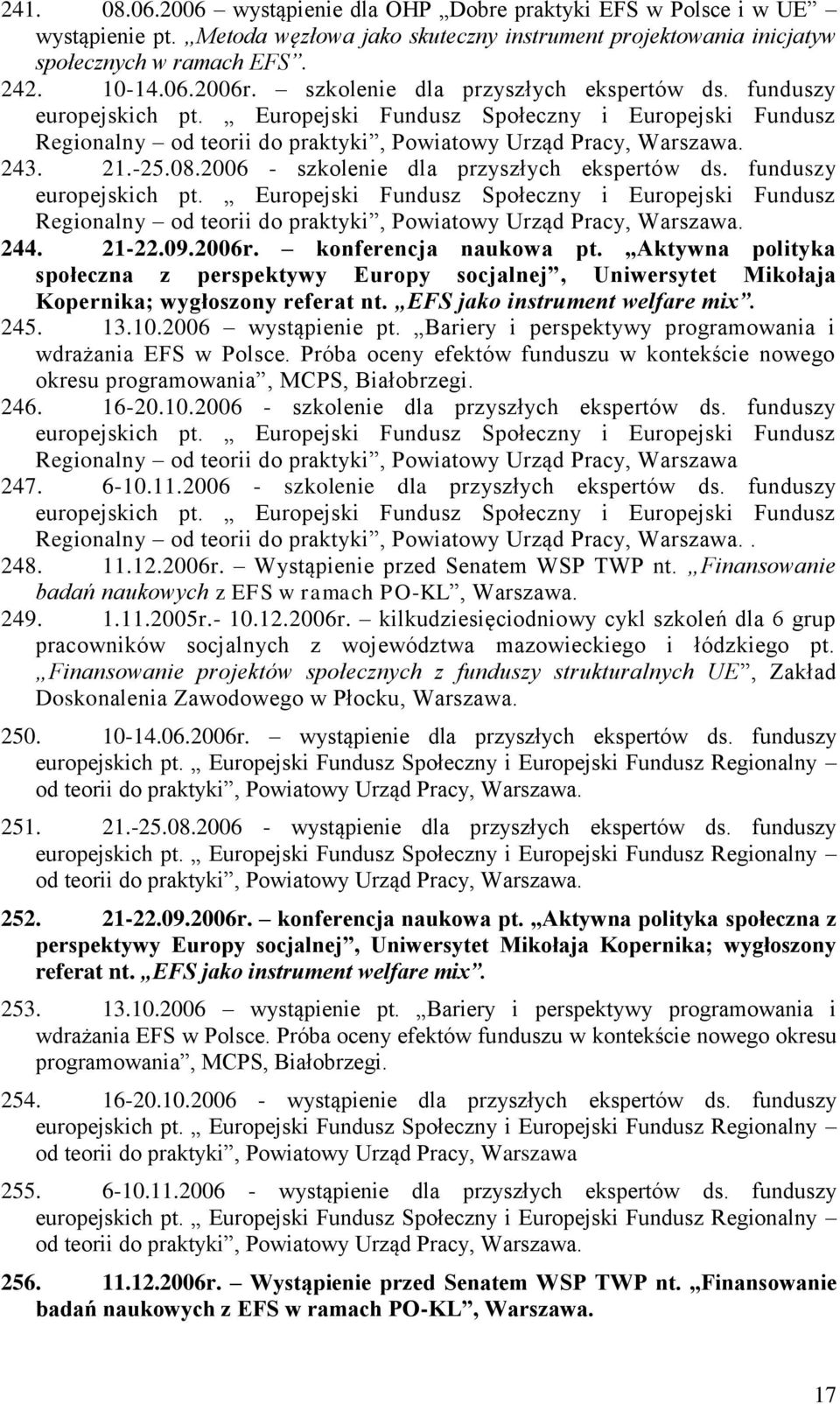 2006 - szkolenie dla przyszłych ekspertów ds. funduszy europejskich pt. Europejski Fundusz Społeczny i Europejski Fundusz Regionalny od teorii do praktyki, Powiatowy Urząd Pracy, Warszawa. 244. 21-22.