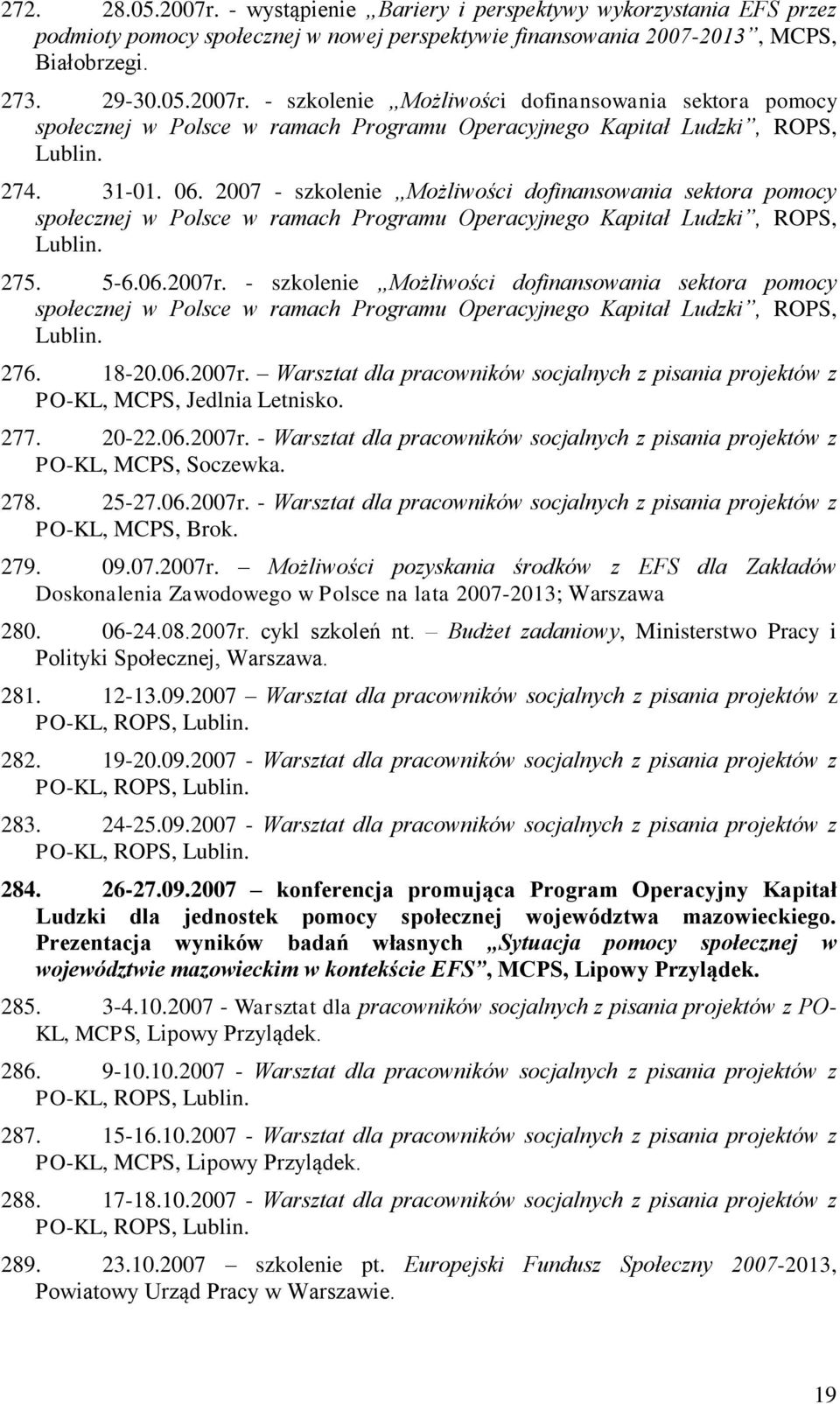 - szkolenie Możliwości dofinansowania sektora pomocy społecznej w Polsce w ramach Programu Operacyjnego Kapitał Ludzki, ROPS, Lublin. 276. 18-20.06.2007r.