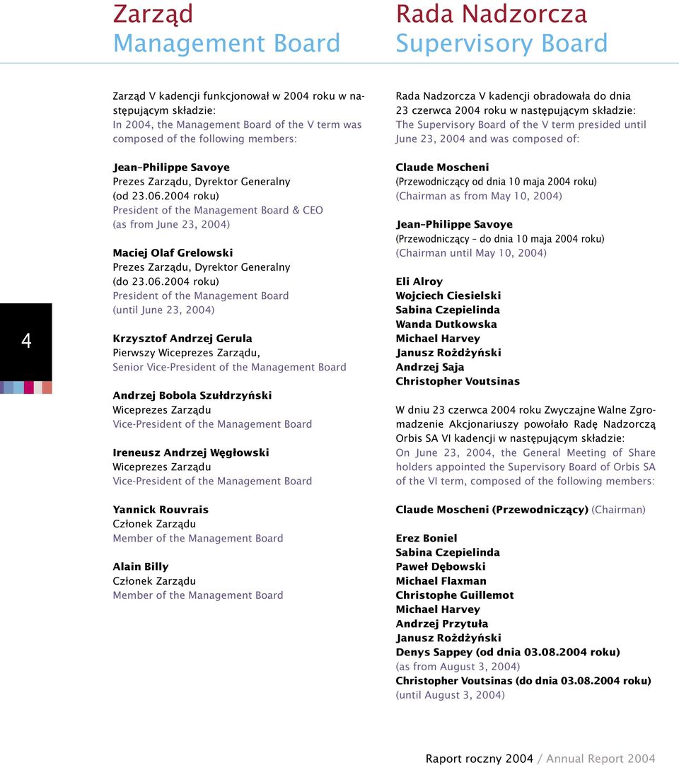 Philippe Savoye Prezes Zarządu, Dyrektor Generalny (od 23.06.2004 roku) President of the Management Board & CEO (as from June 23, 2004) Maciej Olaf Grelowski Prezes Zarządu, Dyrektor Generalny (do 23.