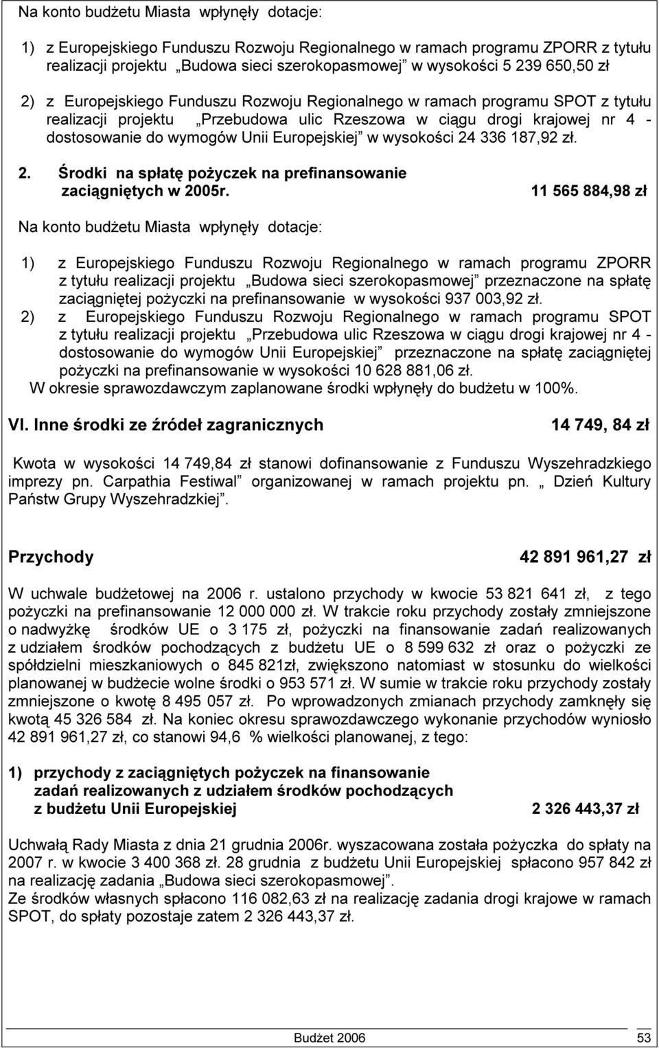 Europejskiej w wysokości 24 336 187,92 zł. 2. Środki na spłatę pożyczek na prefinansowanie zaciągniętych w 2005r.