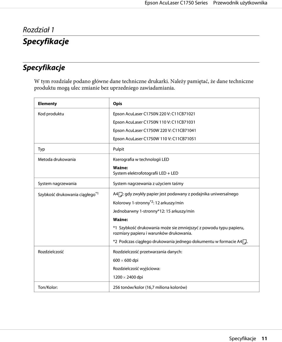 AcuLaser C1750W 110 V: C11CB71051 Pulpit Kserografia w technologii LED Ważne: System elektrofotografii LED + LED System nagrzewania z użyciem taśmy Szybkość drukowania ciągłego *1 A4 : gdy zwykły