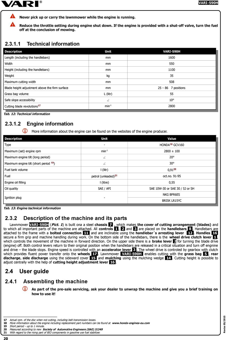 1 Technical information Description Unit Length (including the handlebars) mm 1600 Width mm 550 Height (including the handlebars) mm 1100 Weight kg 35 mm 508 mm 25 86 7 positions L (litr) 55 Maximum