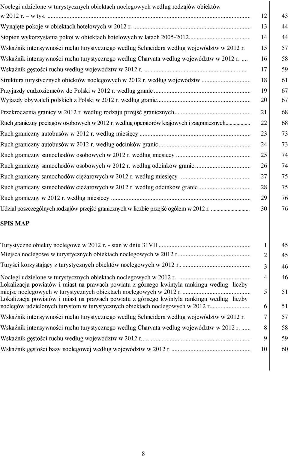 15 57 Wskaźnik intensywności ruchu turystycznego według Charvata według województw w 2012 r.... 16 58 Wskaźnik gęstości ruchu według województw w 2012 r.