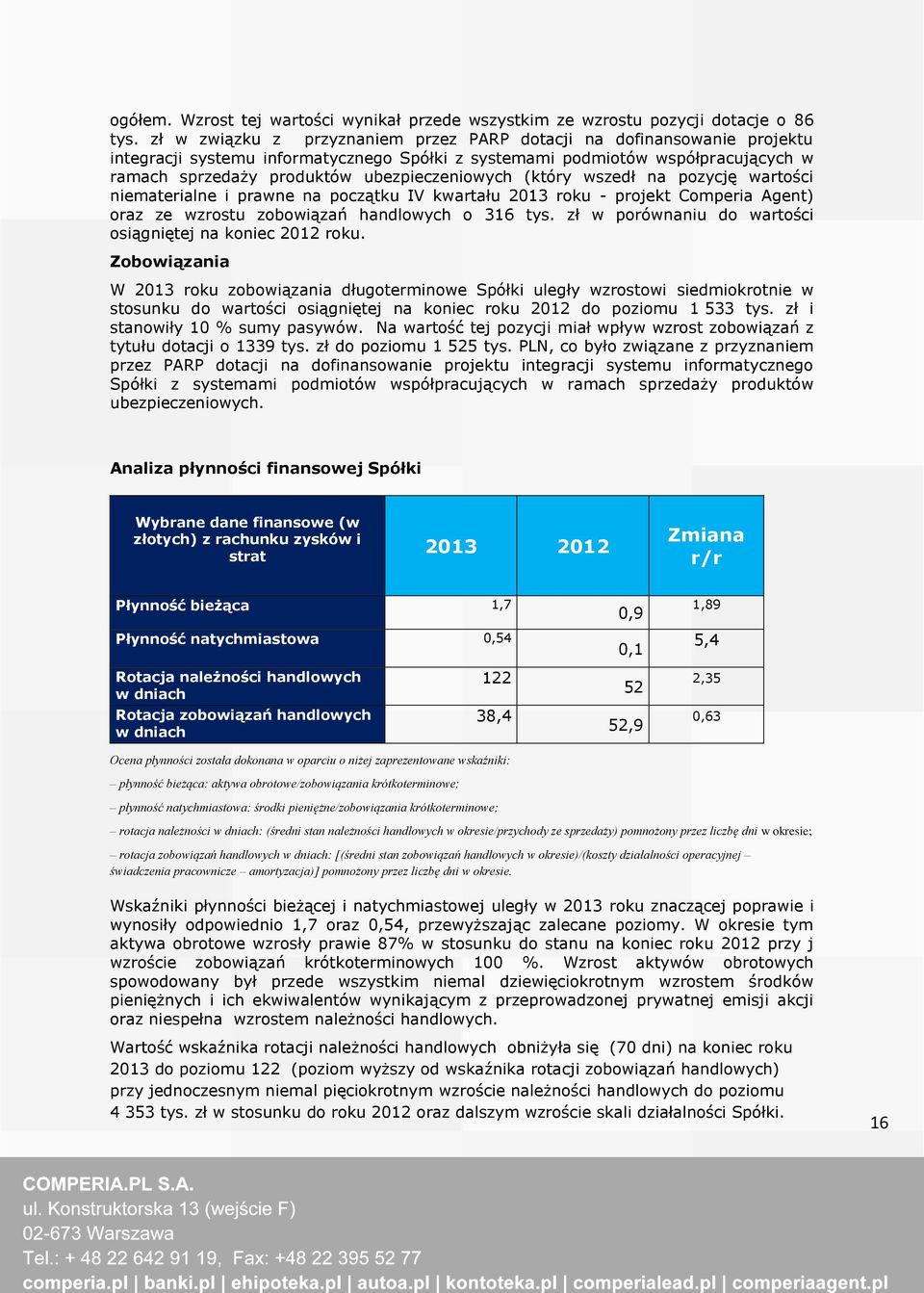 ubezpieczeniowych (który wszedł na pozycję wartości niematerialne i prawne na początku IV kwartału 2013 roku - projekt Comperia Agent) oraz ze wzrostu zobowiązań handlowych o 316 tys.