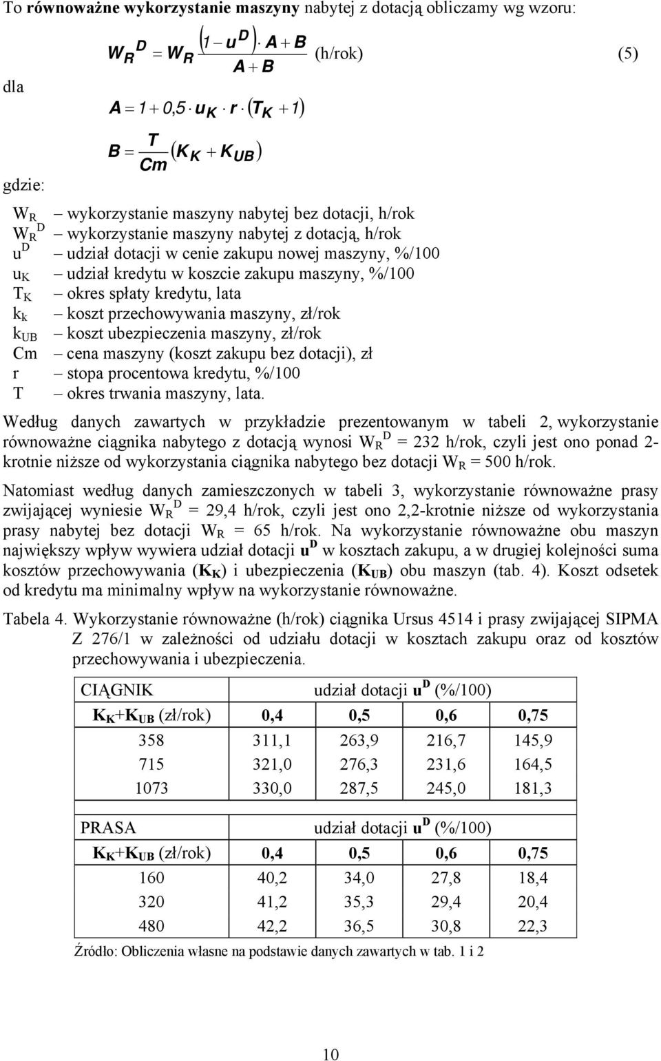 spłaty kredytu, lata T K k k koszt przechowywania maszyny, zł/rok k UB koszt ubezpieczenia maszyny, zł/rok Cm cena maszyny (koszt zakupu bez dotacji), zł r stopa procentowa kredytu, %/100 T okres