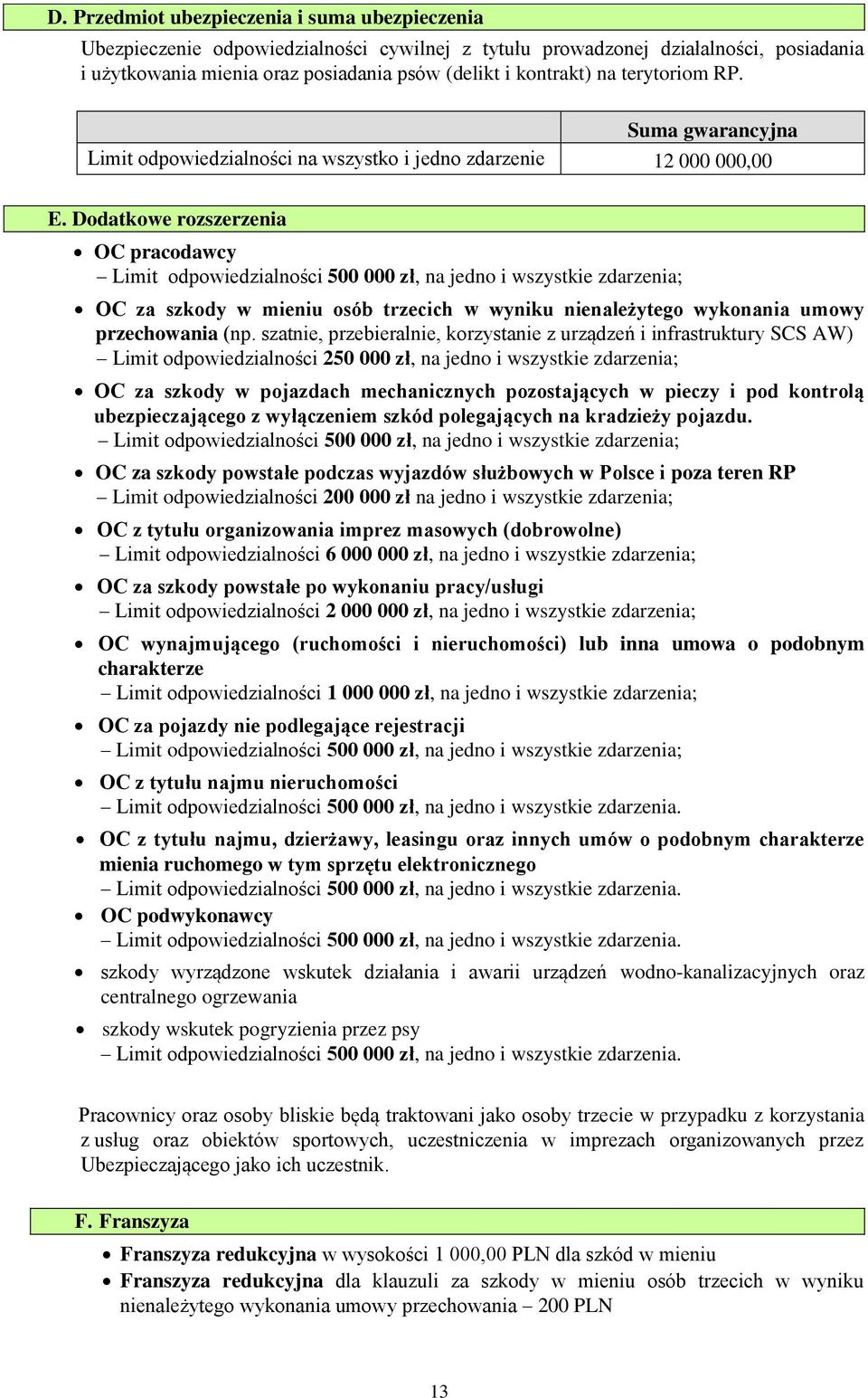 Dodatkowe rozszerzenia OC pracodawcy Limit odpowiedzialności 500 000 zł, na jedno i wszystkie zdarzenia; OC za szkody w mieniu osób trzecich w wyniku nienależytego wykonania umowy przechowania (np.