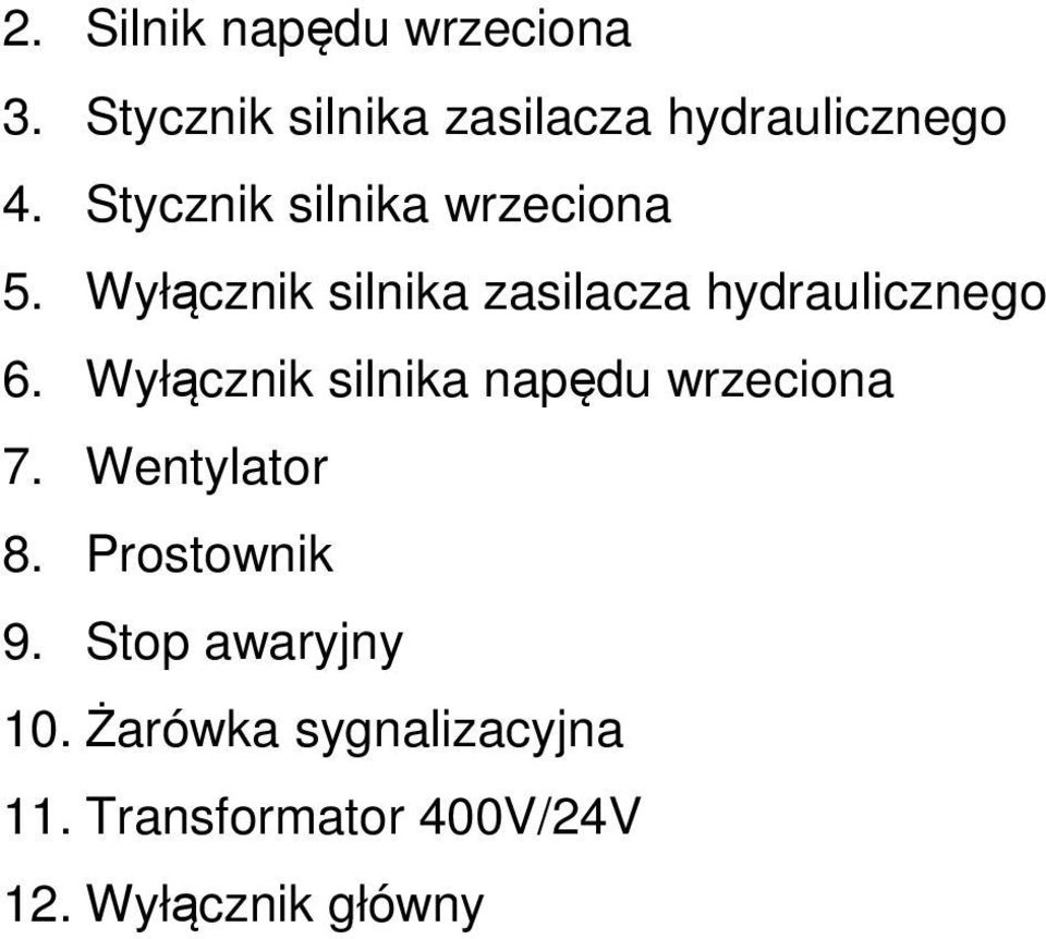 Wyłącznik silnika napędu wrzeciona 7. Wentylator 8. Prostownik 9.