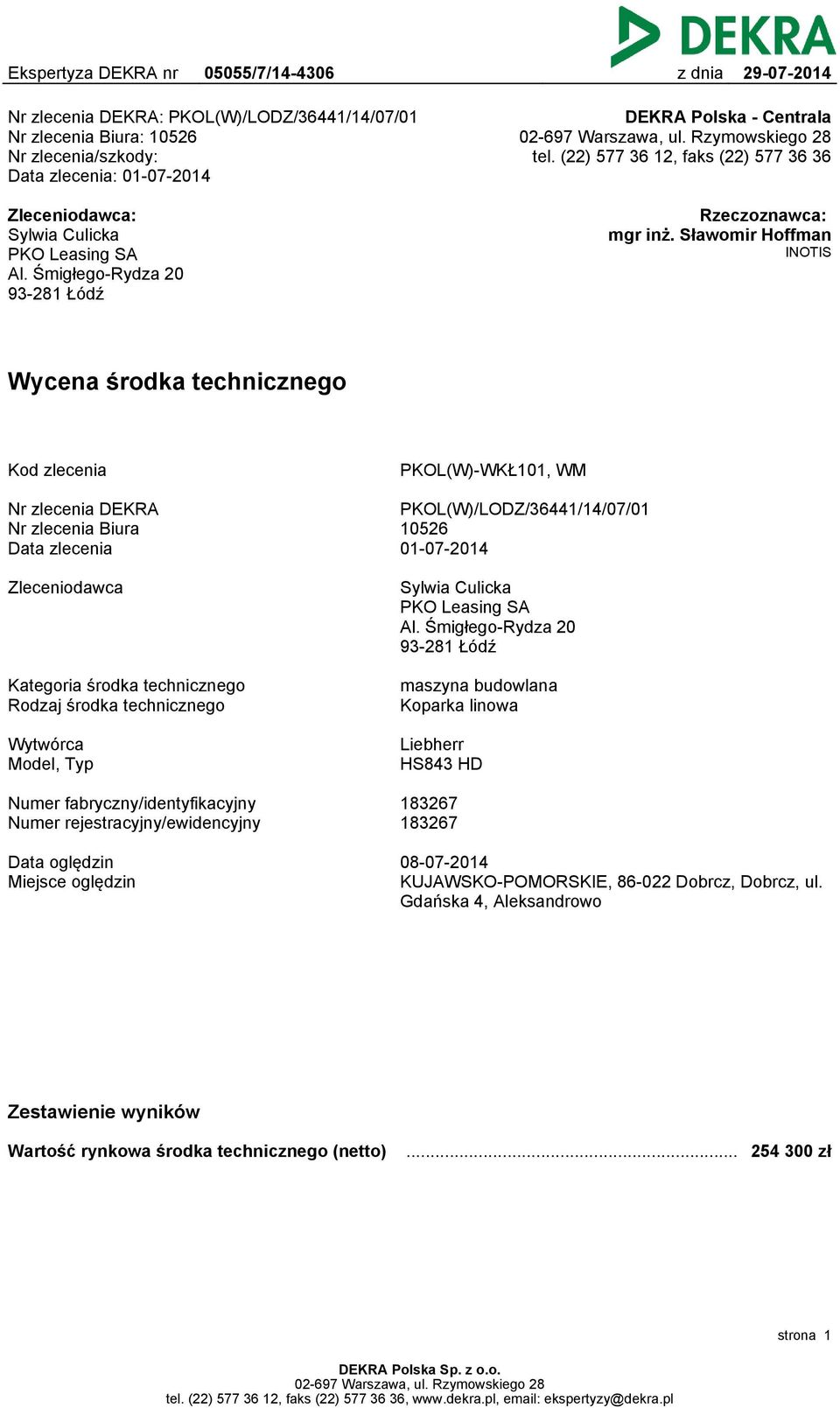 Sławomir Hoffman INOTIS Wycena środka technicznego Kod zlecenia PKOL(W)-WKŁ101, WM Nr zlecenia DEKRA Nr zlecenia Biura Data zlecenia PKOL(W)/LODZ/36441/14/07/01 10526 01-07-2014 Zleceniodawca Sylwia