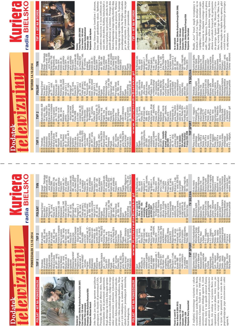 13.10.2014 TVP 1 TVP 2 POLSAT TVN 05:20 Telezakupy 05:55 Info poranek 08:00 Wiadomości 08:05 Pogoda poranna 08:10 Polityka przy kawie 08:35 Moda na sukces odc. 6011 - serial, 09:05 MacGyver odc.