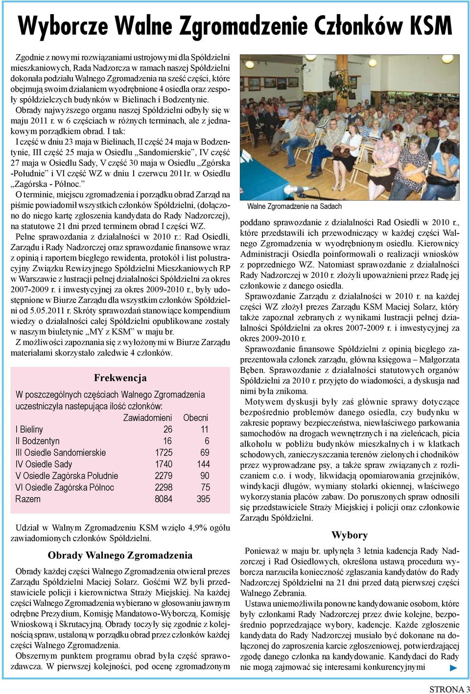 Obrady najwyższego organu naszej Spółdzielni odbyły się w maju 2011 r. w 6 częściach w różnych terminach, ale z jednakowym porządkiem obrad.