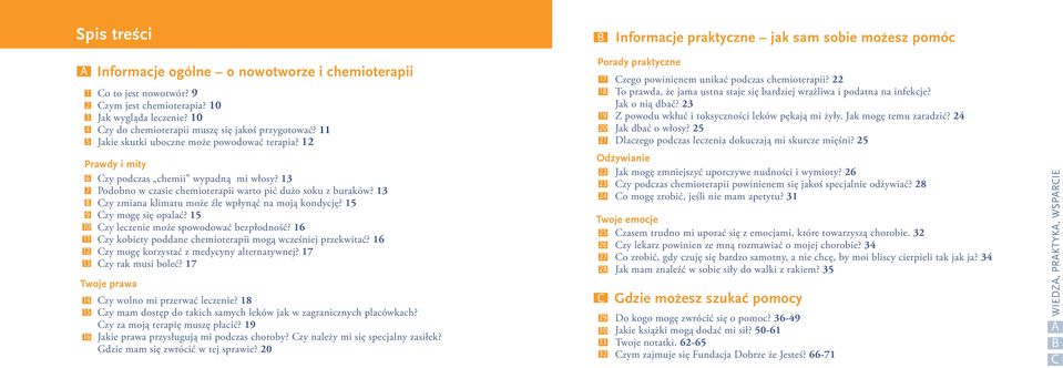 10 19 Z powodu wkłuć i toksyczności leków pękają mi żyły. Jak mogę temu zaradzić? 24 7 4 zy do chemioterapii muszę się jakoś przygotować? 11 20 Jak dbać o włosy?