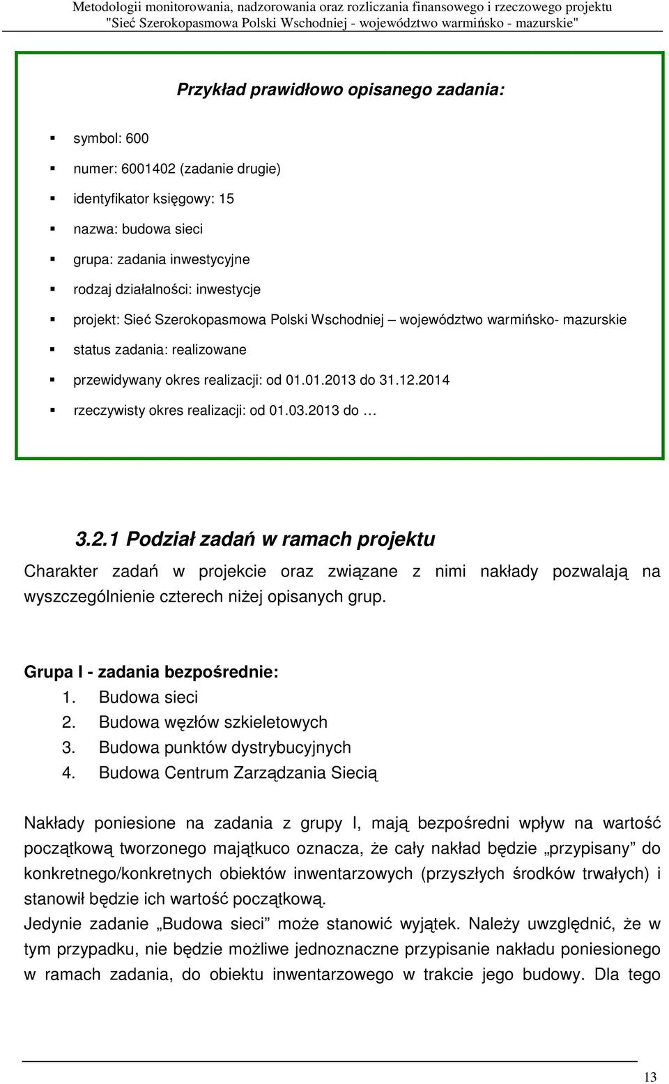 2013 do 3.2.1 Podział zadań w ramach projektu Charakter zadań w projekcie oraz związane z nimi nakłady pozwalają na wyszczególnienie czterech niŝej opisanych grup. Grupa I - zadania bezpośrednie: 1.