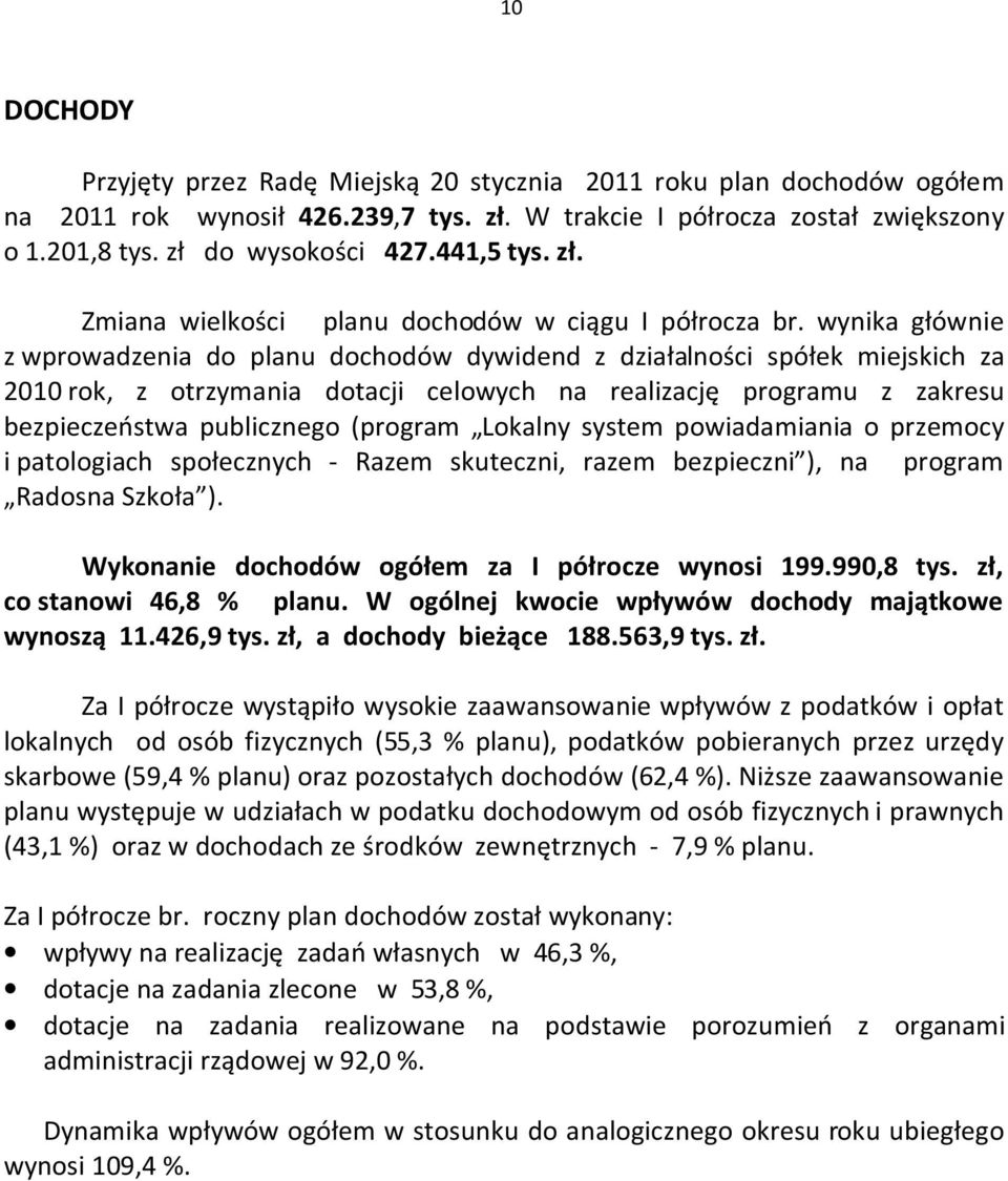 wynika głównie z wprowadzenia do planu dochodów dywidend z działalności spółek miejskich za 2010 rok, z otrzymania dotacji celowych na realizację programu z zakresu bezpieczeństwa publicznego