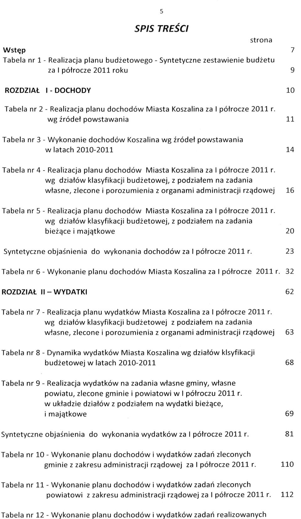 wg źródeł powstawania 11 Tabela nr 3 - dochodów Koszalina wg źródeł powstawania wiatach 2010-2011 14 Tabela nr 4 - Realizacja planu dochodów Miasta  wg działów klasyfikacji budżetowej, z podziałem na