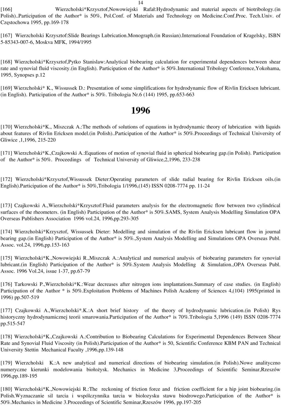 International Foundation of Kragelsky, ISBN 5 85343 007 6, Moskva MFK, 1994/1995 [168] Wierzcholski*Krzysztof,Pytko Stanislaw:Analytical biobearing calculation for experimental dependences between